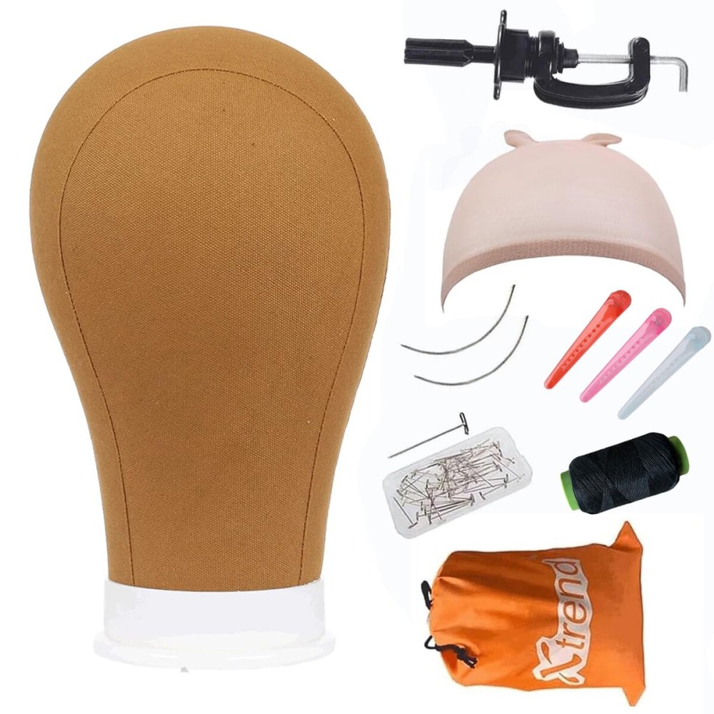 XTREND 21-24\'\' Poly Canvas Block Head for Making Head Weft/Wig/Hair Extension Making Display Styling Mannequin Head with Stand Set Manikin Canvas Head Hair Accessories