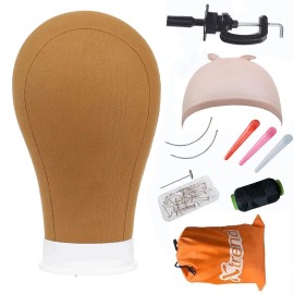 XTREND 21-24\'\' Poly Canvas Block Head for Making Head Weft/Wig/Hair Extension Making Display Styling Mannequin Head with Stand Set Manikin Canvas Head Hair Accessories