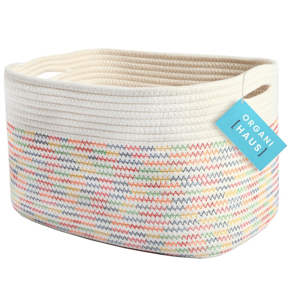 OrganiHaus Woven Storage Baskets for Organizing, Cotton Rope Organizer Bins for Shelves, Closet & Nursery, Dog Toy Basket, Decorative Bins for Toys, Towels & Books - 15x10x9, Rainbow Stitches