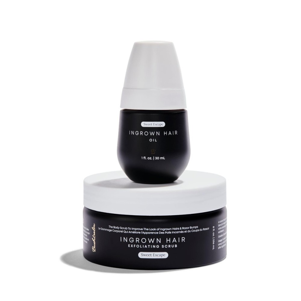 Bushbalm Ingrown Hair and Razor Bumps 2-Step Routine - Moisturize and Calm - Ingrown Hair Oil (30 ml) and Exfoliating Scrub (236 ml) - Sweet Escape