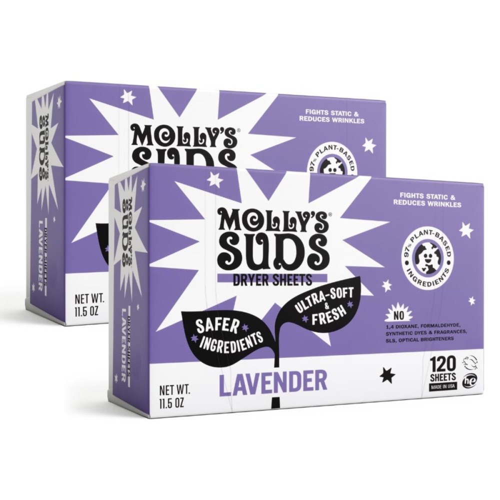 Molly\'s Suds Fabric Softener Dryer Sheets for Sensitive Skin | Plant-Based Static Reducer, Plastic-Free Packaging | Bundle of 2, Lavender (240 Sheets Total)
