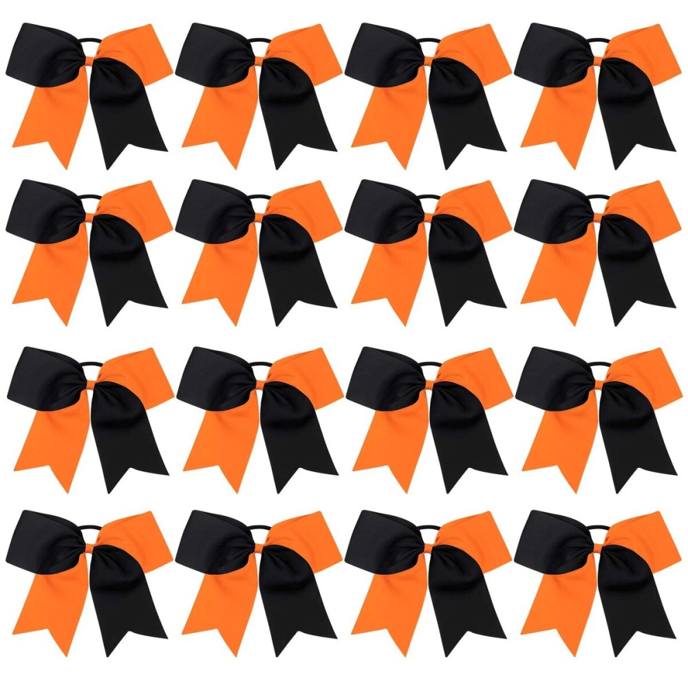 16PCS 8 Large Cheer Hair Bows Ponytail Holder Elastic Band Handmade for Cheerleading Teen Girls College Sports (Black/Orange, 1 Count (Pack of 16))
