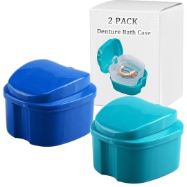 THINKPRICE Denture Bath Box Cup, Complete Clean Care for Dentures, Clear Braces, Mouth Guard, Night Guard & Retainers, Traveling (Navy Blue & Blue)