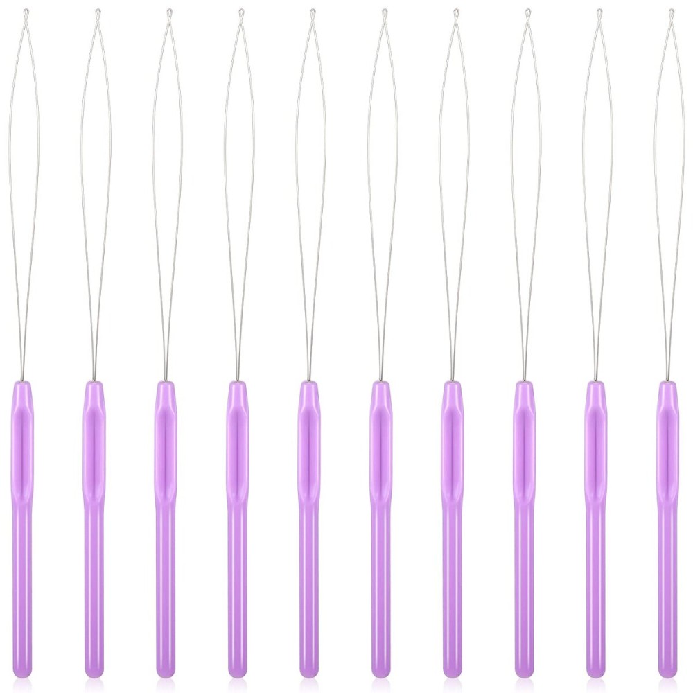 10 Pieces Hair Extension Loop Needle Threader Pulling Hook Tool and Bead Device Tool Loop Threader for Hair or Feather Extensions (Purple)