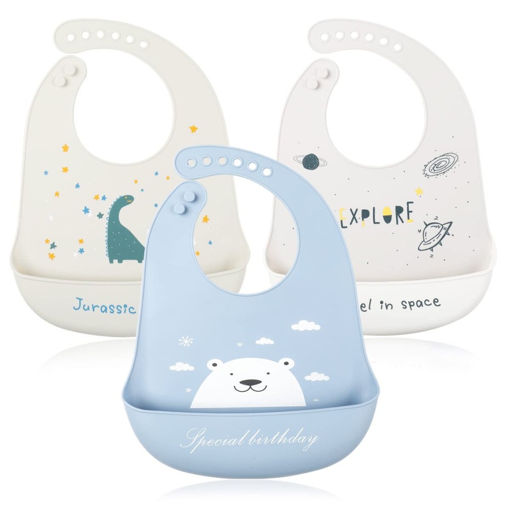 YINGJEE Silicone Bibs for Babies - 3 Pcs Adjustable, Waterproof with Feeding Bibs (Color 08)