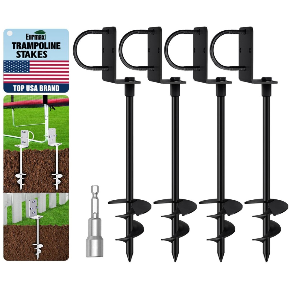 Eurmax USA Ground Anchors Heavy Duty Adjustable L-Shaped Head Shed Tent Stakes Trampoline Anchors, Trampoline Stakes for Sheds,Swing Sets,Mobile Home,Carports Set of 4(Black)