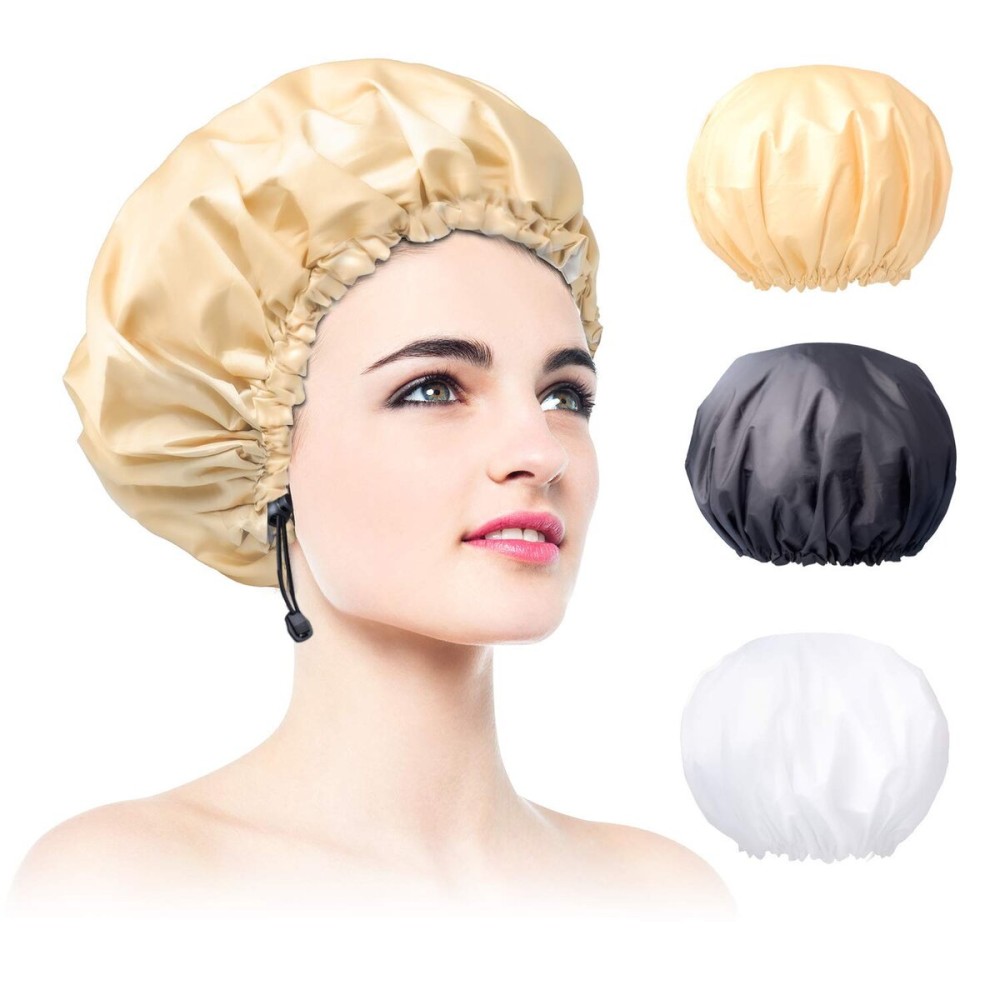 3 Pack Extra Large Double Layer Adjustable Shower Caps for Women, Waterproof Exterior & EVA Lining, Oversized Design for All Hair Lengths
