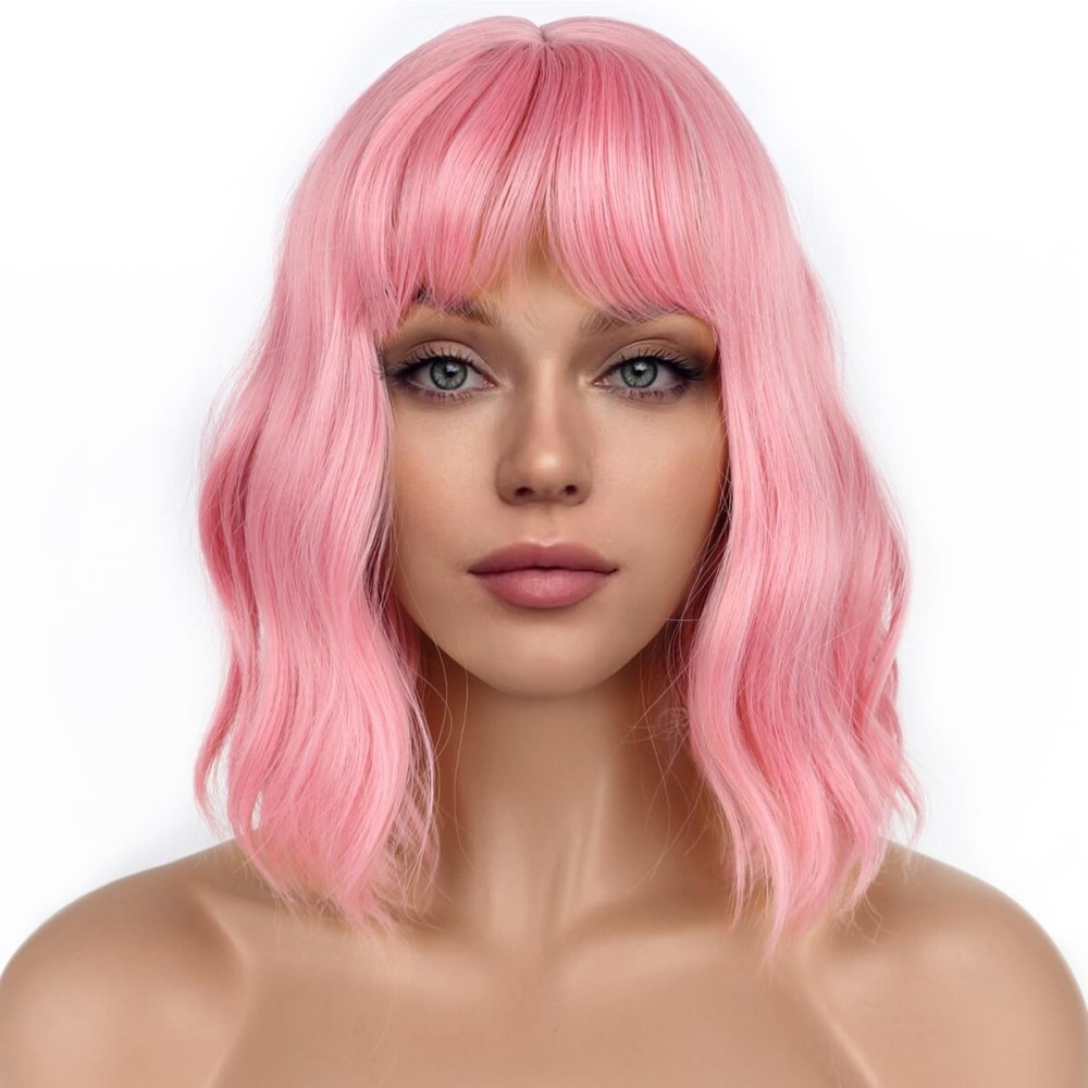 LANCAINI Pastel Bob Wigs with Bangs for Women Loose Wavy Wig Pastel Wavy Shoulder Length Bob Synthetic Cosplay Wig for Girl Colorful Costume Wigs (Pink)