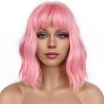 LANCAINI Pastel Bob Wigs with Bangs for Women Loose Wavy Wig Pastel Wavy Shoulder Length Bob Synthetic Cosplay Wig for Girl Colorful Costume Wigs (Pink)