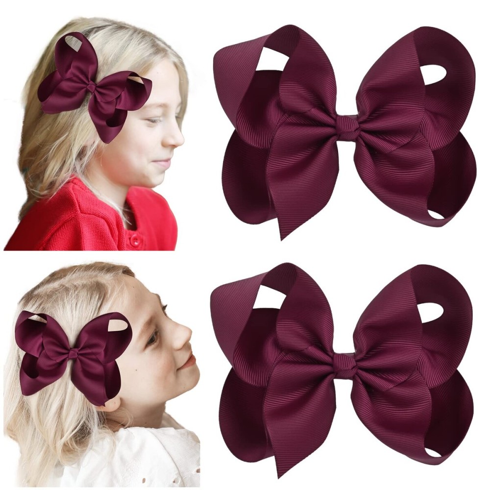 DEEKA 2 PCS 6 Big Hand-made Grosgrain Ribbon Solid Color Hair Bows Alligator Clips Hair Accessories for Little Teen Toddler Girls Kids Set of 2 -Burgundy