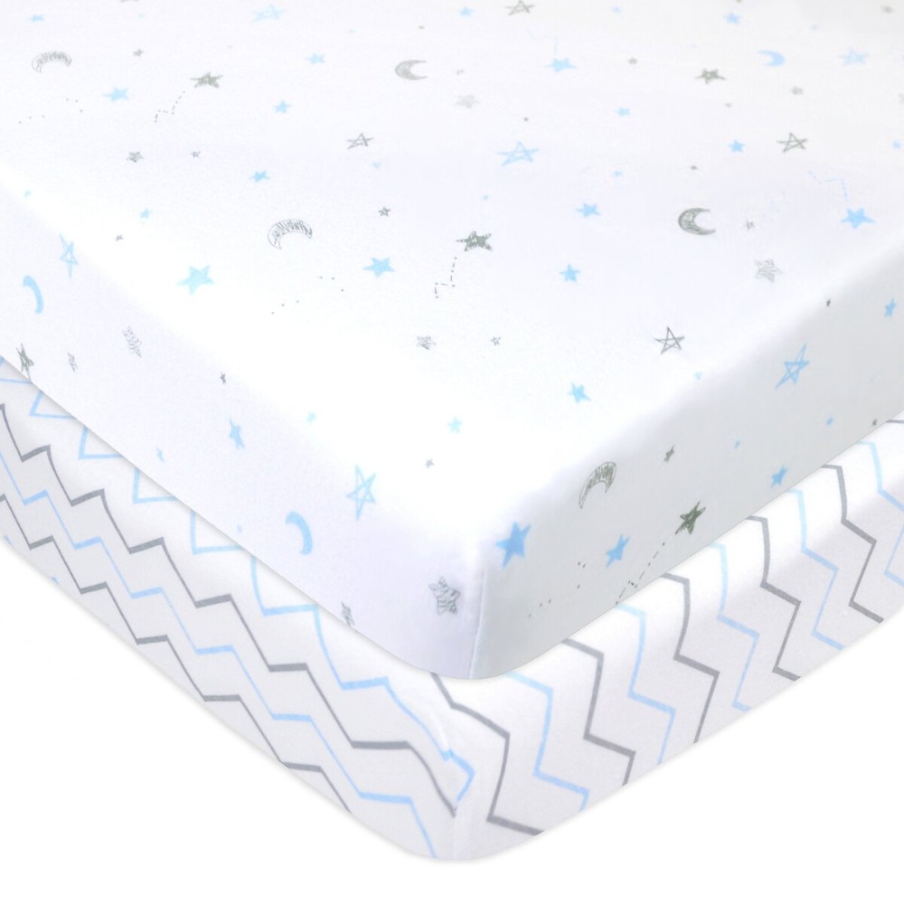 TL Care 2 Pack 100% Natural Cotton Fitted Pack and Play Sheets 39 x 27 - Soft & Breathable Pack N Play Sheets for Playard & Mini Crib Mattress, Blue Stars/Zigzag, for Boys & Girls