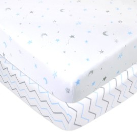 TL Care 2 Pack 100% Natural Cotton Fitted Pack and Play Sheets 39 x 27 - Soft & Breathable Pack N Play Sheets for Playard & Mini Crib Mattress, Blue Stars/Zigzag, for Boys & Girls