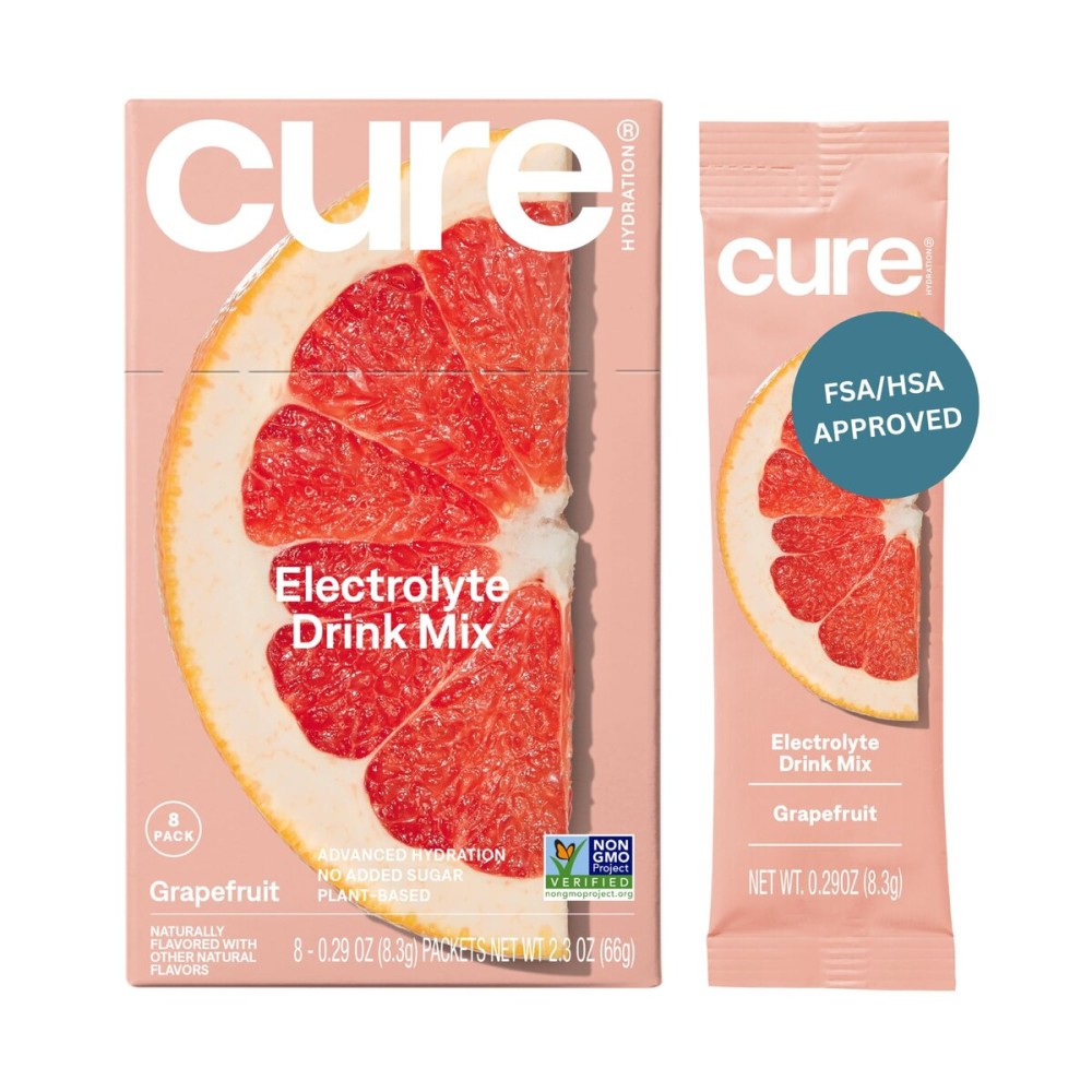Cure Hydration Plant-Based Electrolyte Drink Mix | No Added Sugar | Dehydration Relief | Coconut Water Powder | FSA-HSA Eligible | Non-GMO, Vegan | 8 Packets - Grapefruit