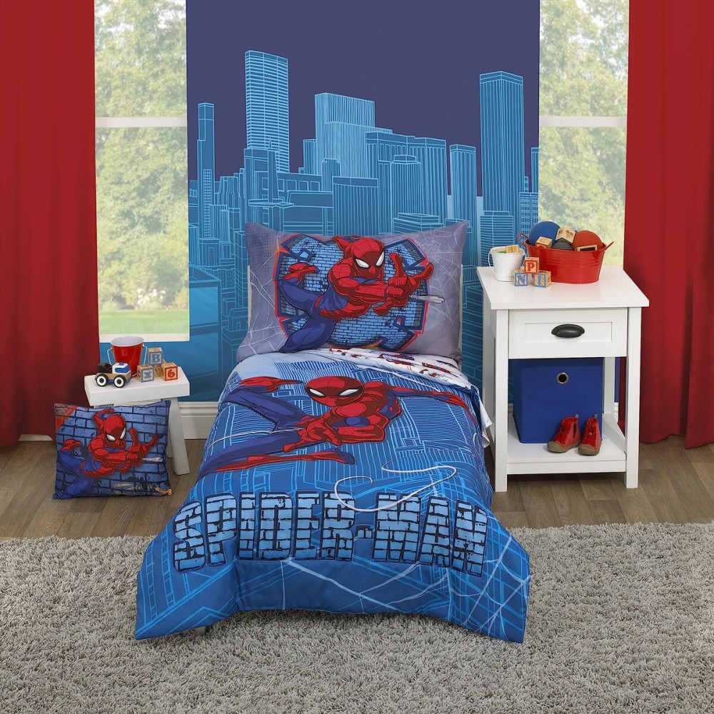 Disney Marvel Spiderman Wall Crawler Red, White, and Blue Spider Webs 4 Piece Toddler Bed Set - Comforter, Fitted Bottom Sheet, Flat Top Sheet, and Reversible Pillowcase