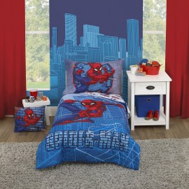 Disney Marvel Spiderman Wall Crawler Red, White, and Blue Spider Webs 4 Piece Toddler Bed Set - Comforter, Fitted Bottom Sheet, Flat Top Sheet, and Reversible Pillowcase