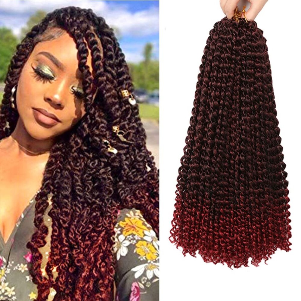 Passion Twist Hair 18 Inch - Water Wave Crochet Hair 8 Packs Long Bohemian Hair Braiding Ombre Burgundy Passion Twist Crochet Hair Braids Synthetic Hair Extensions (18 Inch, 1B/Bug)