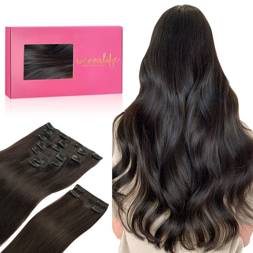 WENNALIFE Clip in Hair Extensions, 150g 24 Inch 9pcs Dark Brown Human Hair Extensions Thicker Clip in Hair Extensions Real Human Hair Clip Set Double Weft