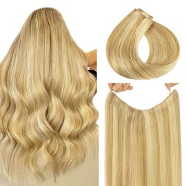 HOTBANANA Wire Hair Extensions 14 inch 75g Light Blonde Highlighted Golden Blonde Fish Line Real Human Hair Straight Invisible Remy Hair Extensions