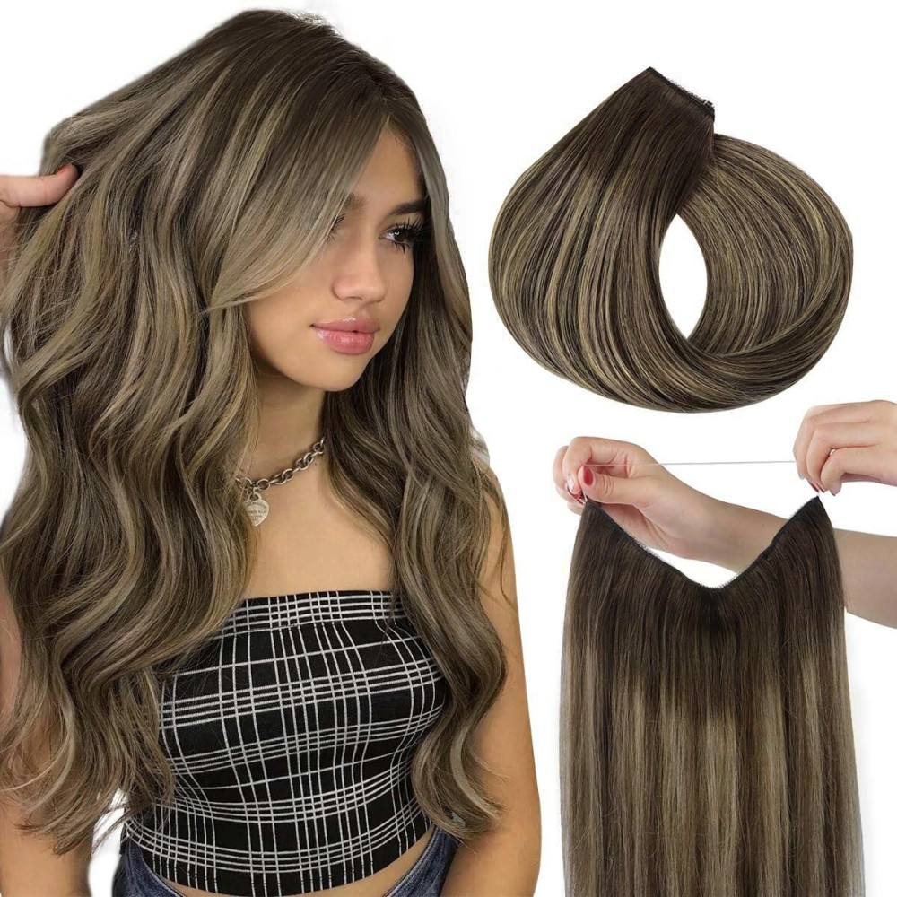 HOTBANANA Wire Hair Extensions, 12 inch 70g Chocolate Brown with Honey Blonde Invisible Fish Line Real Human Hair Extensions Straight
