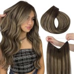 HOTBANANA Wire Hair Extensions, 12 inch 70g Chocolate Brown with Honey Blonde Invisible Fish Line Real Human Hair Extensions Straight