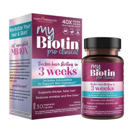 Purity Products MyBiotin ProClinical - Thicker Hair Starting in 3 Weeks & Fights Wrinkles - MB40X Patented Biotin Vitamin B7 Matrix w/Astaxanthin - 40X More Soluble vs Ordinary Biotin, 30 Veg Capsules