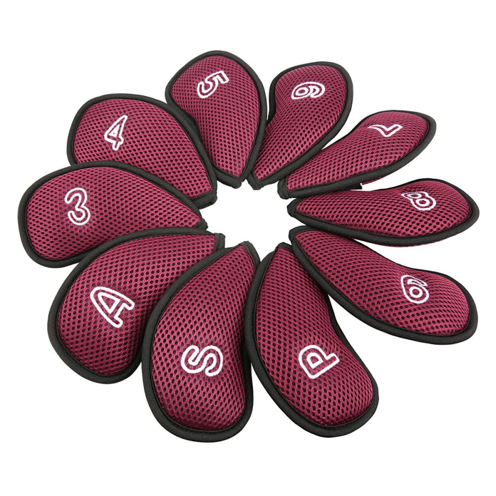 10Pcs/Pack New Meshy Golf Iron Covers Set Golf Club Head Cover Fit Most Irons (Wine Red)