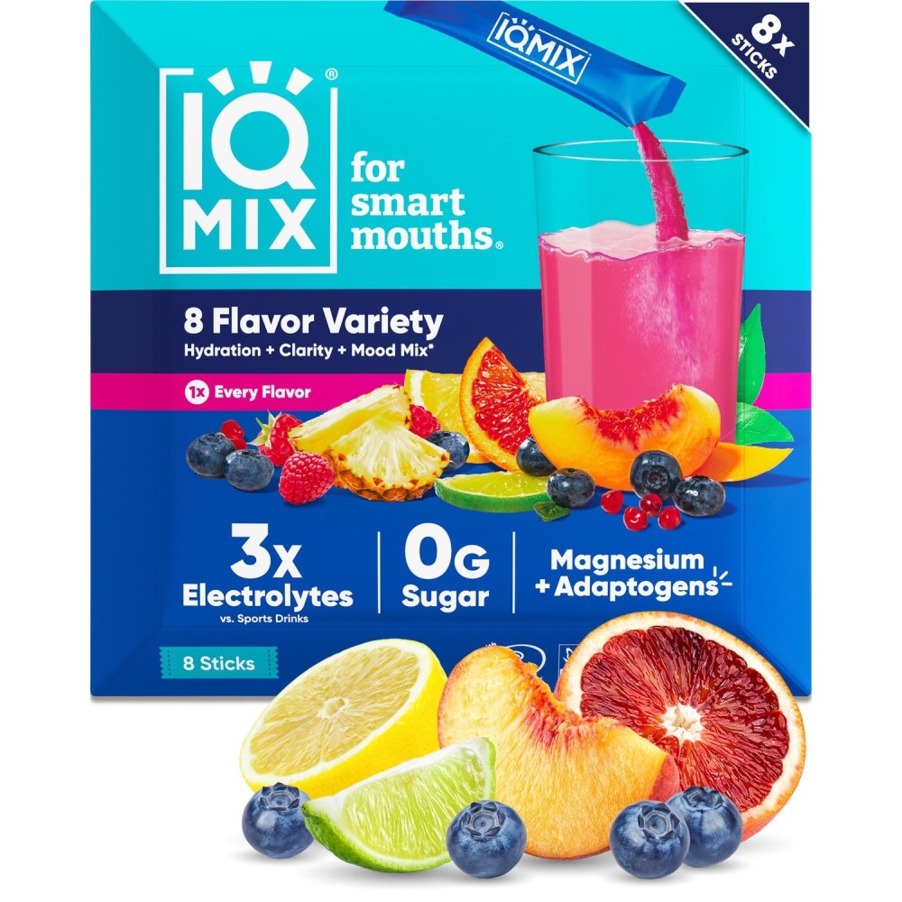 IQMIX Hydration Electrolyte Powder - 4-in-1 Formula for Hydration, Mental Clarity, Mood & Recovery - Sugar-Free, Keto Drink Mix with Magnesium L-Threonate & Lions Mane - 8-Count Sampler (All Flavors)