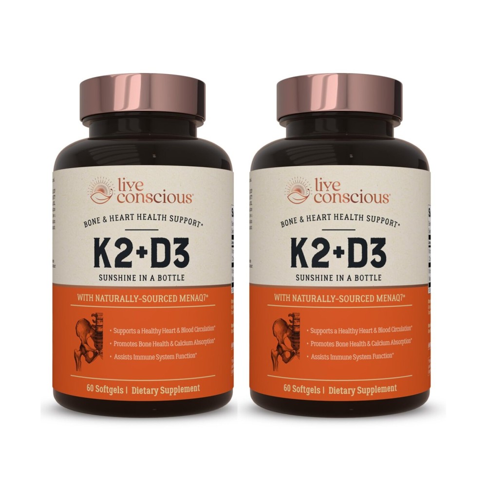 Live Conscious Vitamin K2 MK7 with D3 Supplement | Bone & Heart Health Support - Patented Vitamin K & Vitamin D3 5000 IU (2-Pack)