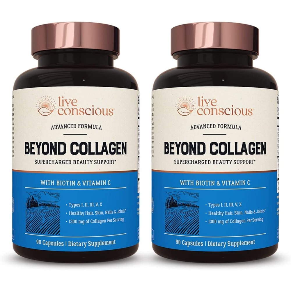 Live Conscious Beyond Collagen Multi Collagen Capsules - Types I, II, III, V & X | Hydrolyzed Blend with Biotin & Vitamin C for Hair, Skin, Nails 90 Capsules (2-Pack)