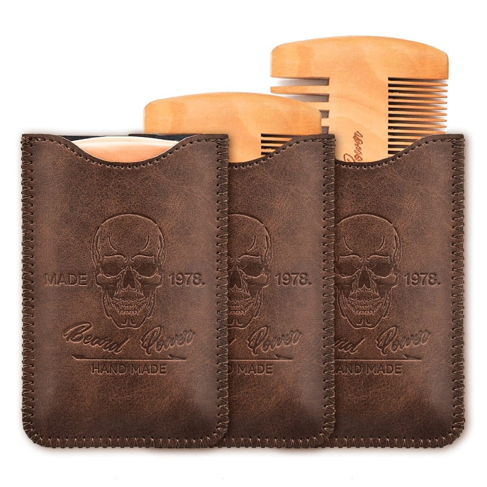 Menesia Wooden Beard Combs with Cases - Fine & Coarse Teeth, Pocket Comb for Beards, Mustaches & Hair, Brown Skull Design