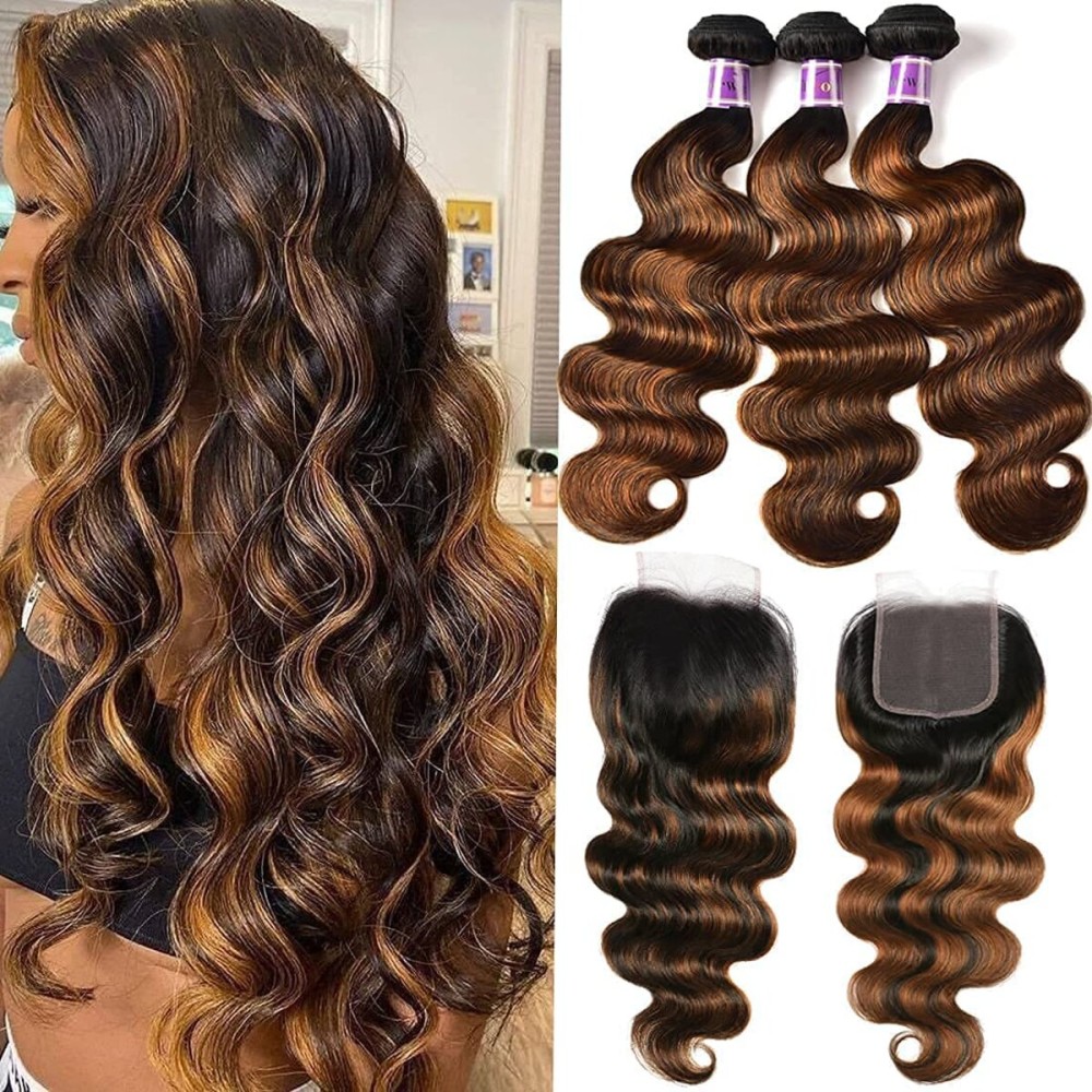 UNICE Brown Highlight Body Wave Human Hair 3 Bundles with 4x4 lace closure, Brazilian Remy Hair Ombre Human Hair Wavy Weaves FB30 Color 14 14 14+14 Closure