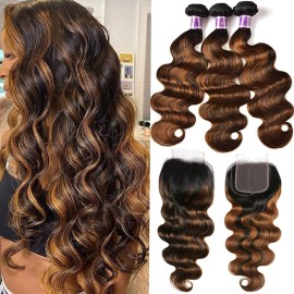 UNICE Brown Highlight Body Wave Human Hair 3 Bundles with 4x4 lace closure, Brazilian Remy Hair Ombre Human Hair Wavy Weaves FB30 Color 16 18 20+16 Closure