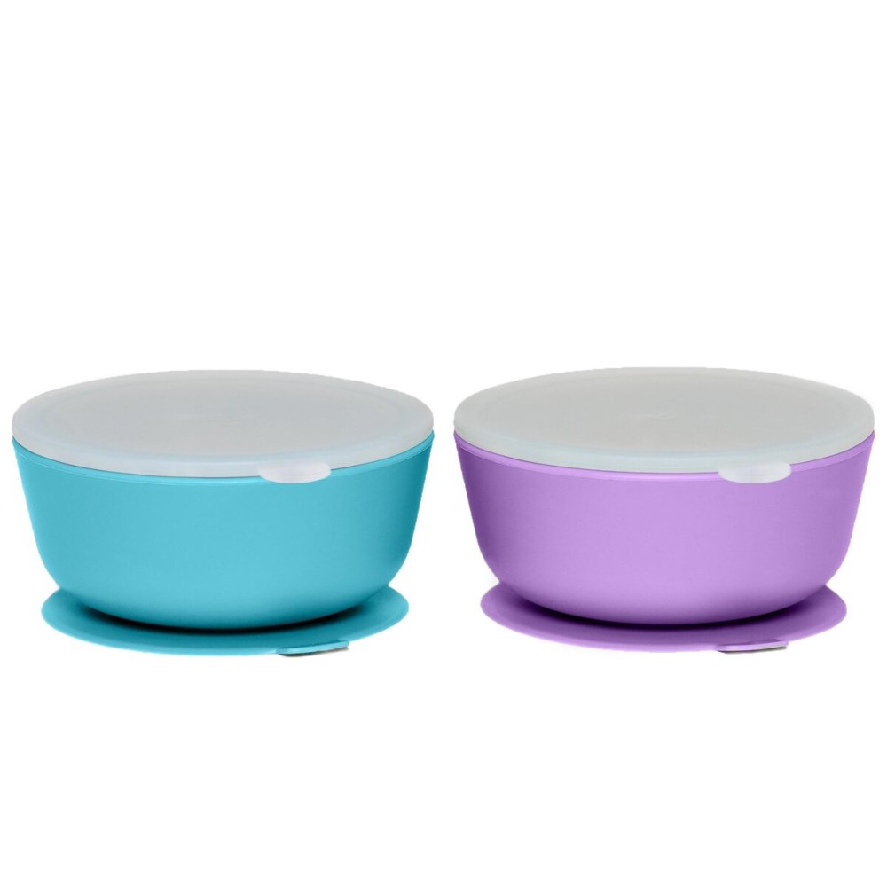 WeeSprout Suction Bowls for Baby & Toddlers (Set of 2) - 100% Silicone w/Plastic Lid - Leak Proof Feeding Supplies - Dishwasher & Microwave Safe Infant Dinnerware w/Extra Strong Base