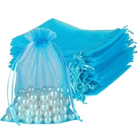 HRX Package 100pcs Organza Bags Turquoise Blue, 5x7 inch Mesh Drawstring Gift Bags Jewelry Pouches for Christmas Candy Party Favor