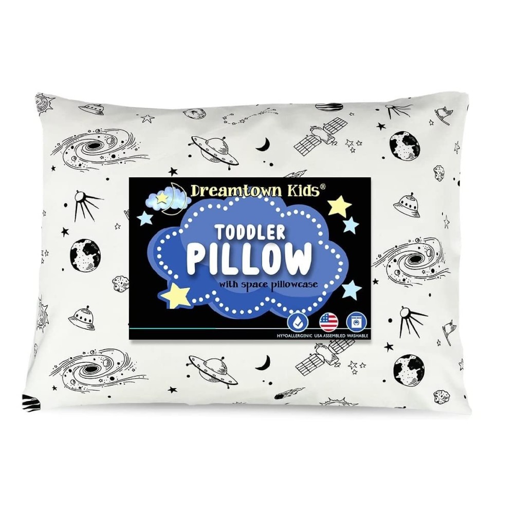 Dreamtown Kids Toddler Pillow & Pillowcase, Hypoallergenic, Made in USA, Soft & Breathable, Ideal for Naps, Bed, Daycare and Travel, for Boys and Girls Ages 2+, Outer Space