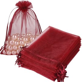 HRX Package 100pcs Organza Bags Burgundy Red, 5x7 inch Mesh Drawstring Gift Bags Jewelry Pouches for Christmas Candy Party Favor