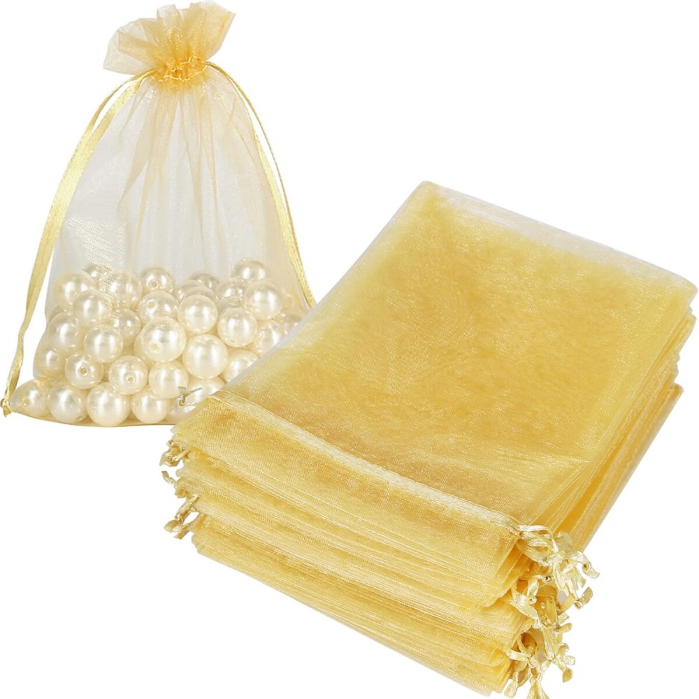 HRX Package 100pcs Organza Bags Gold, 5x7 inch Mesh Drawstring Gift Bags Jewelry Pouches for Christmas Candy Party Favor