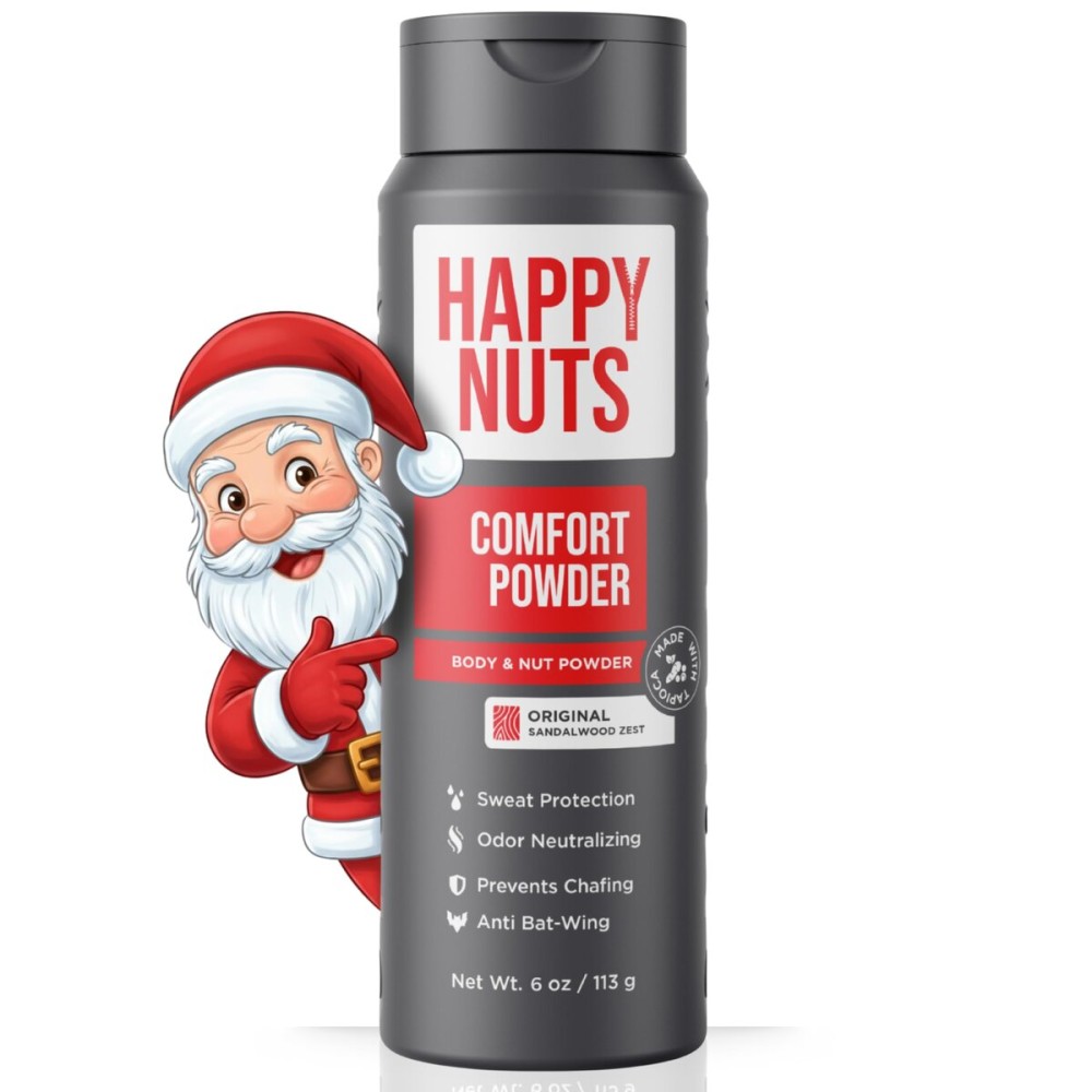 HAPPY NUTS Comfort Powder Deodorant For Men: Anti-Chafing Sweat Defense, Odor Control, Aluminum-Free, Perfect Stocking Stuffer Gift for Men\'s Private Parts 6 oz (1 Pack), Original Scent