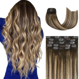 Honsoo Chocolate Brown To Blonde Clip in Hair Extensions Real Human Hair 20inch 70g 7pcs Ombre Straight Silky Blonde Brown For Women Natural Hair