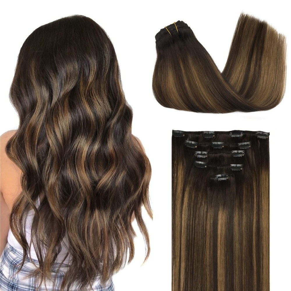 DOORES Hair Extensions Clip in Human Hair, 5pcs 80g 18 Inch Balayage Dark Brown to Chestnut Brown Clip in Human Hair Extensions Natural Straight Weft