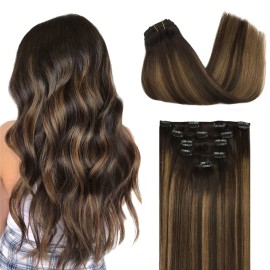 DOORES Hair Extensions Clip in Human Hair, 5pcs 80g 18 Inch Balayage Dark Brown to Chestnut Brown Clip in Human Hair Extensions Natural Straight Weft