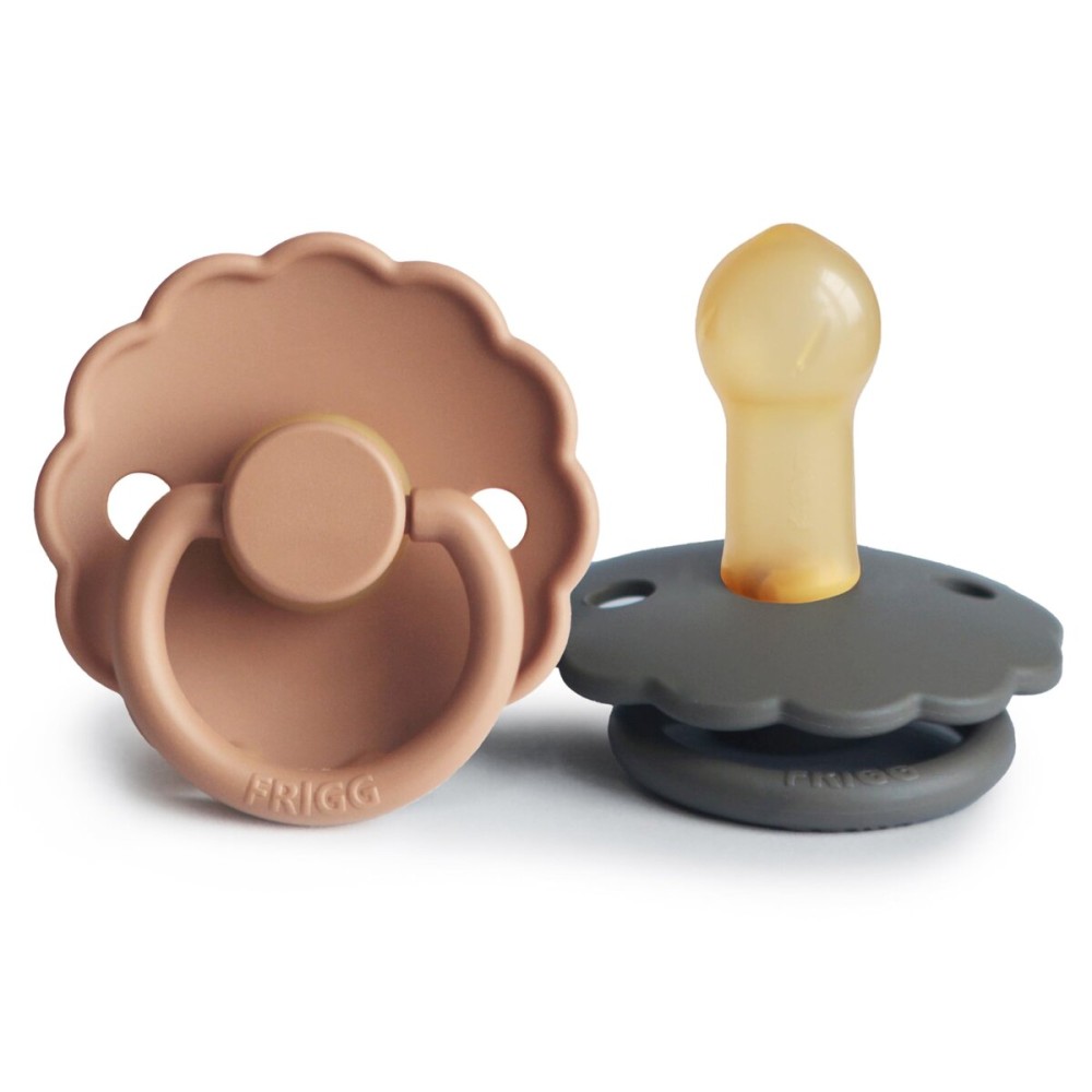 FRIGG Daisy Natural Rubber Baby Pacifier | Made in Denmark | BPA-Free (Chamomile/Peach Bronze, 6-18 Months) 2-Pack