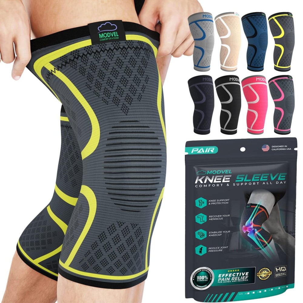 Modvel 2 Pack Knee Brace for Women & Men - Workout Knees Compression Sleeve for Knee Pain Relief Joint Support for ACL, Arthritis, Meniscus Tear Knees Brace for Sports, Rodilleras para Gym Fitness