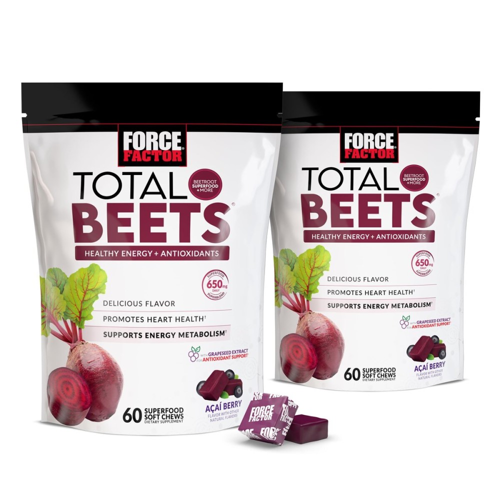 Force Factor Total Beets Soft Chews with Beetroot, Nitrates, L-Citrulline, Grapeseed Extract, & Antioxidants, Healthy Energy Supplement with Elite Ingredients for Heart, Superfood, 120 Count, 2-Pack