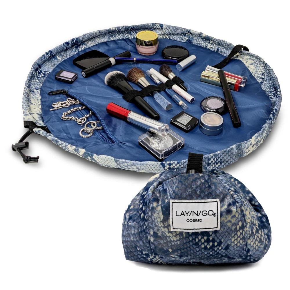 Lay-n-Go Cosmo Drawstring Cosmetic & Makeup Bag Organizer - Portable Drawstring Makeup Bag w/Zipper Pocket, Makeup Loops & More - Durable, Machine Washable Toiletry Bag (20, Blue Snakeskin)