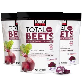 Force Factor Total Beets Soft Chews with Beetroot, Nitrates, L-Citrulline, Grapeseed Extract, & Antioxidants, Healthy Energy Supplement with Elite Ingredients for Heart, Superfood, 180 Count, 3-Pack