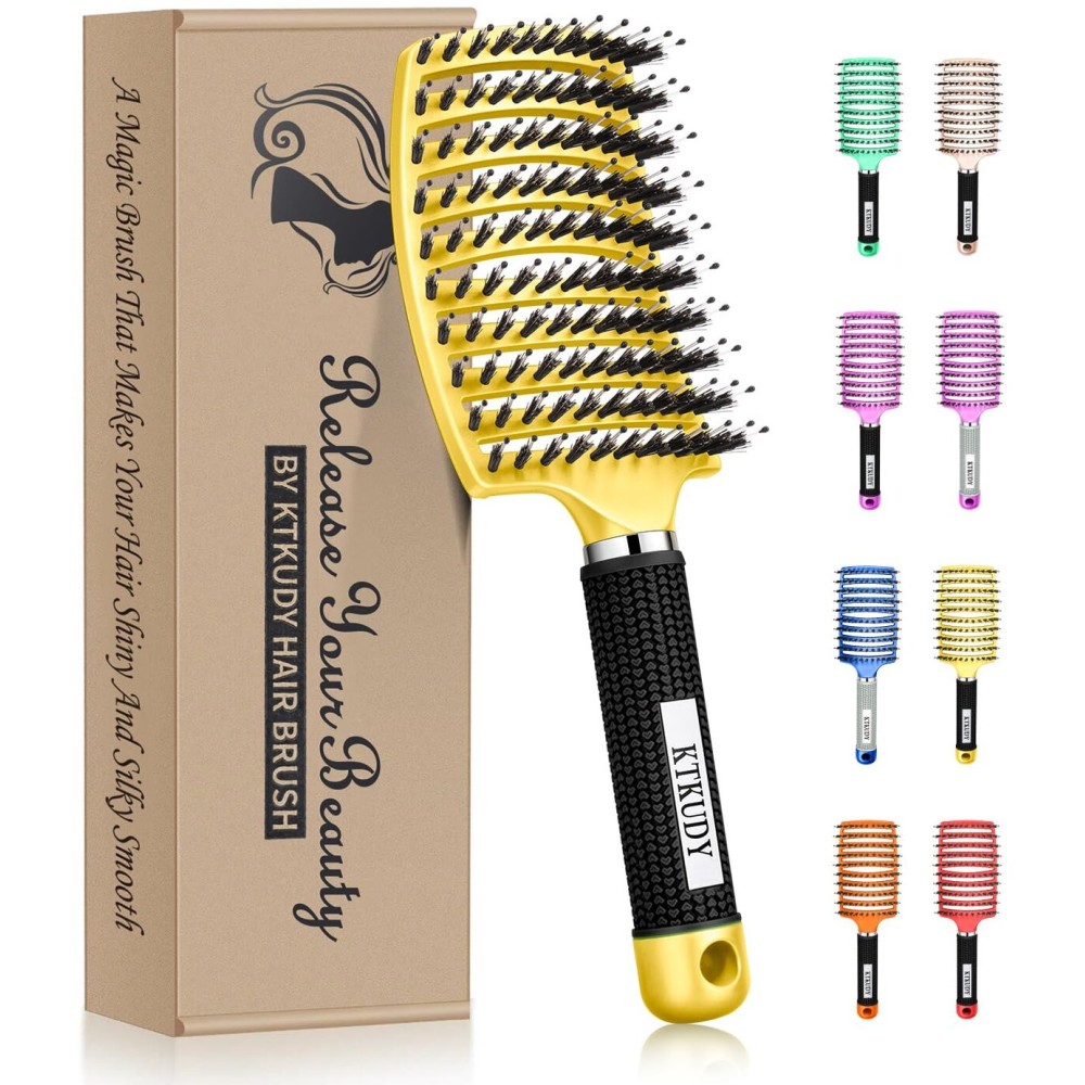 KTKUDY Detangling Brush Boar Bristles Hairbrush Make Hair Shiny & Healthier Curved and Vented Detangler Brush for Women Men Kids Wet and Dry Hair (Yellow)