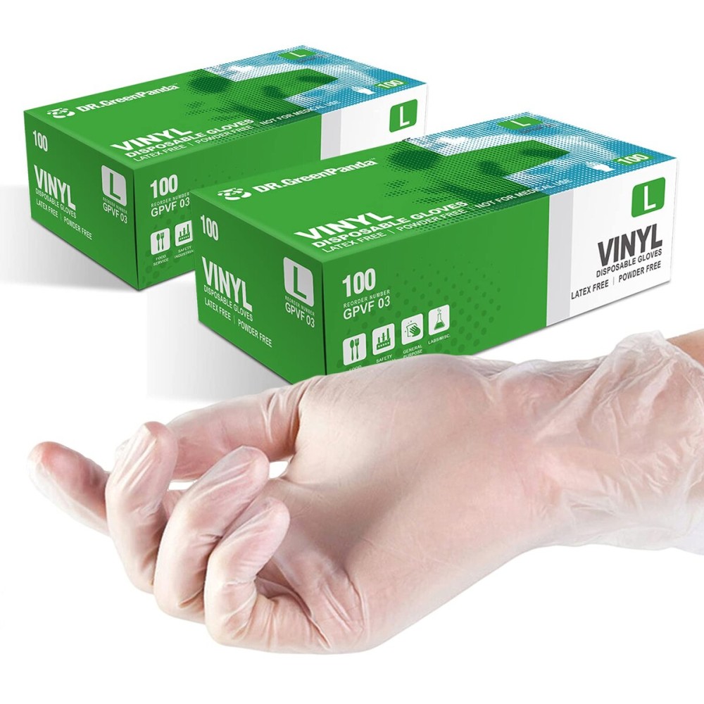 Dr.GreenPanda Large 200pcs Great Value Pack Clear Vinyl Disposable Gloves Food Safe Food Service Food Prep Food Handling Cooking Cleaning Multipurpose Light Work Latex Free Powder Free Non-Sterile