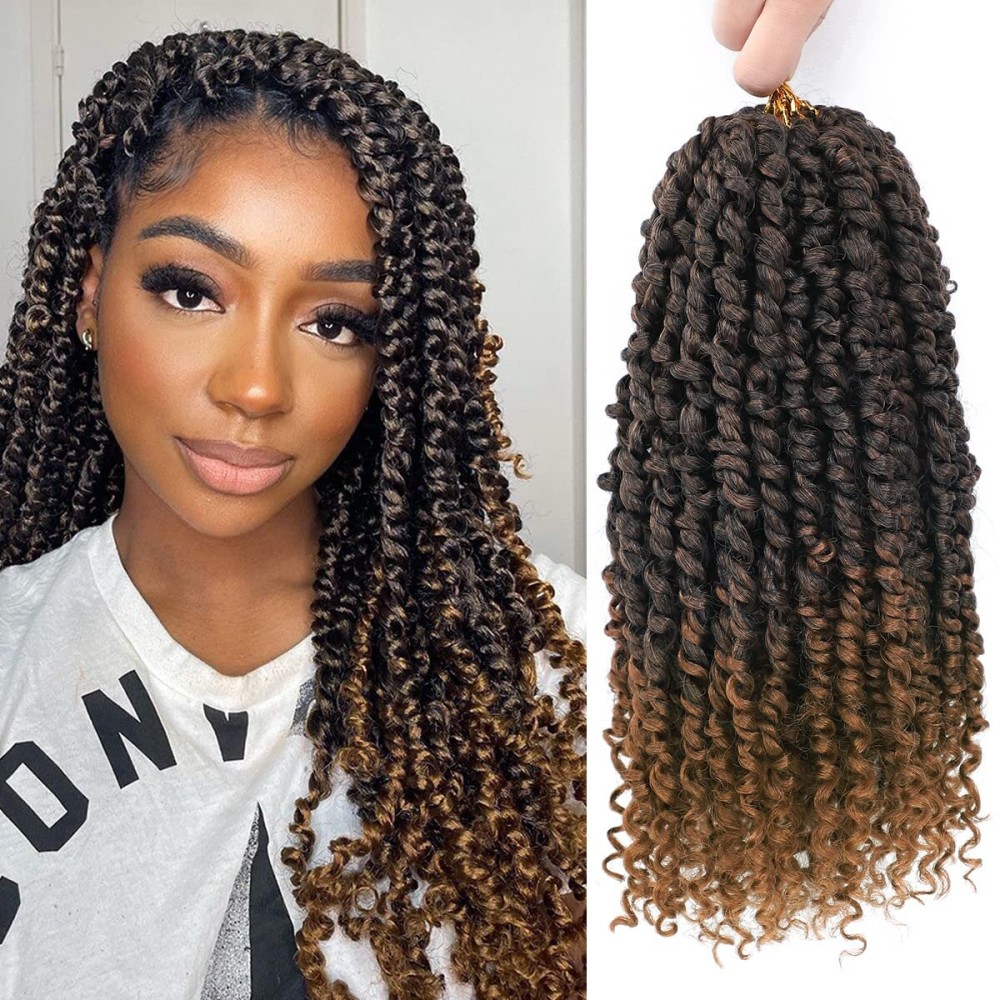 Nice One Pre-Twisted Passion Twist Hair 12 Inch, 112 Strands Short Passion Twist Crochet Hair for Women 8 Packs Ombre Brown Pre-Looped Passion Twists Braiding Synthetic Hair Extensions (12inch,T30)