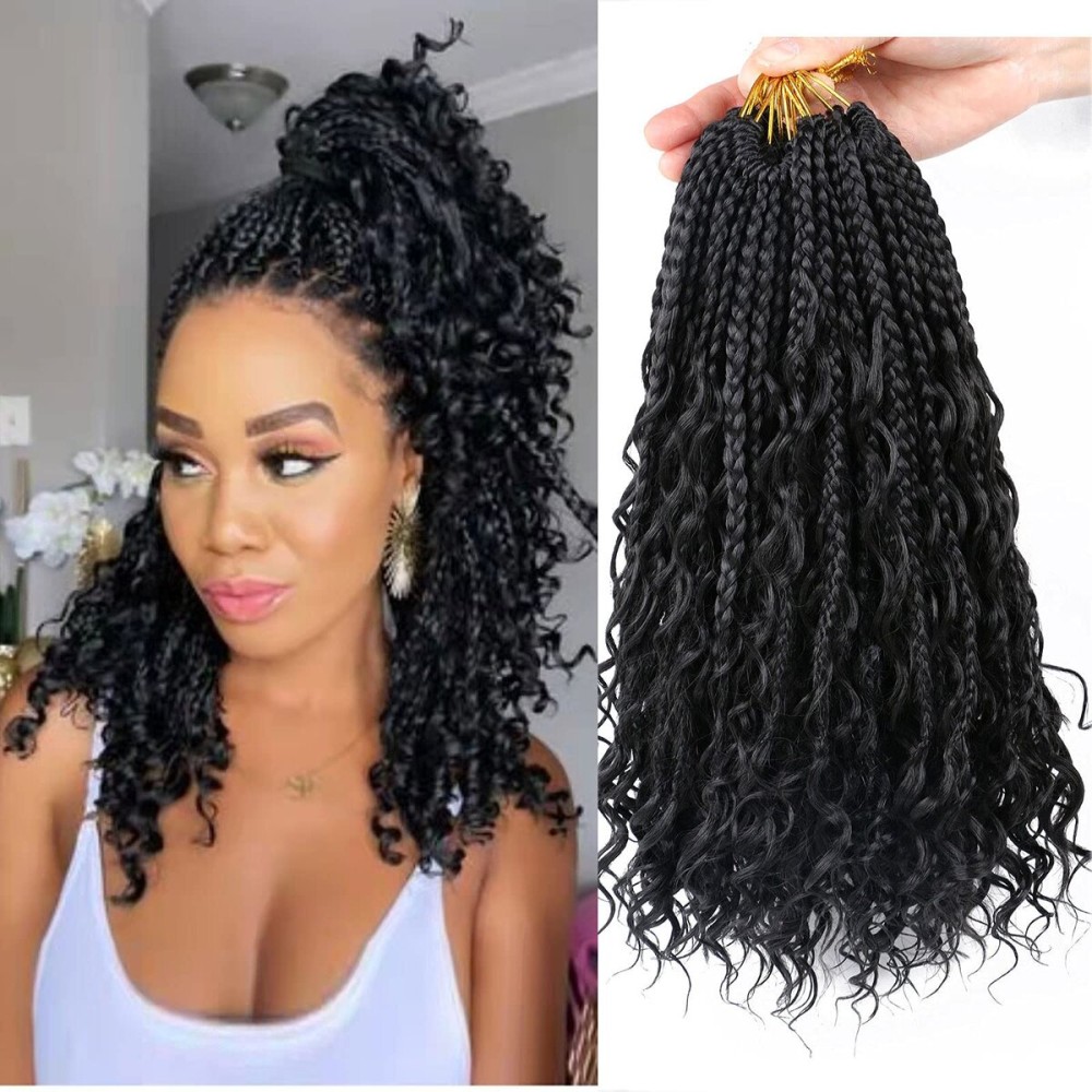 LMZIM 14 Inch Goddess Box Braids Crochet Hair Bohomian Crochet Box Braids Curly Ends 8 Pack 3X Crochet Braids Synthetic Braiding Hair Extension Black (14inch, 1